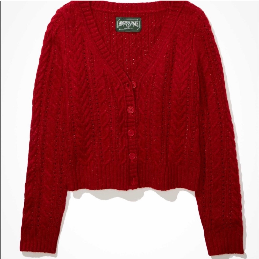 ae red cropped cable knit cardigan